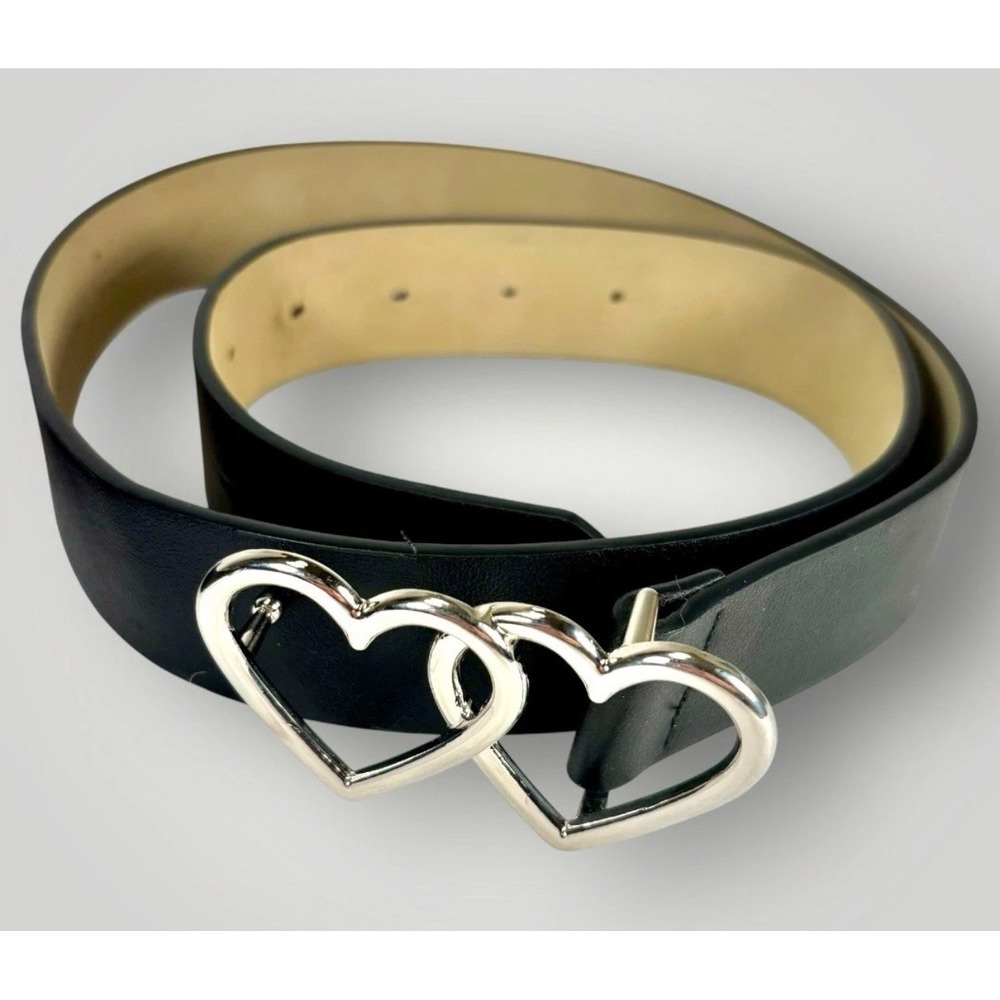 Wild Fable Womens Black Belt Double Heart Buckle Medium Silver Tone NWT